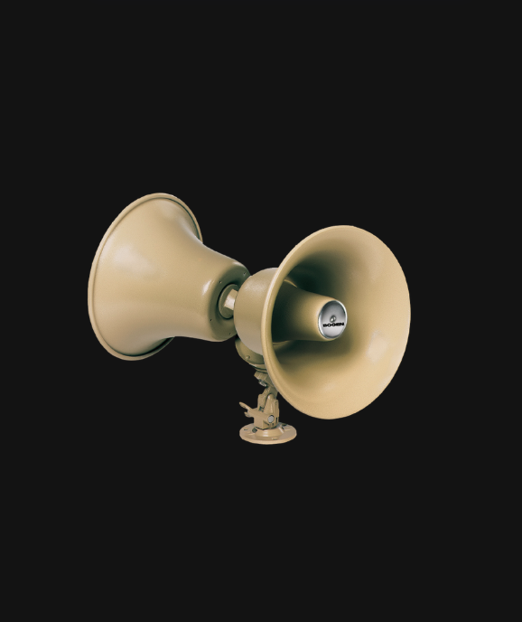 Dual-horn 70V paging speaker on a swivel mount.